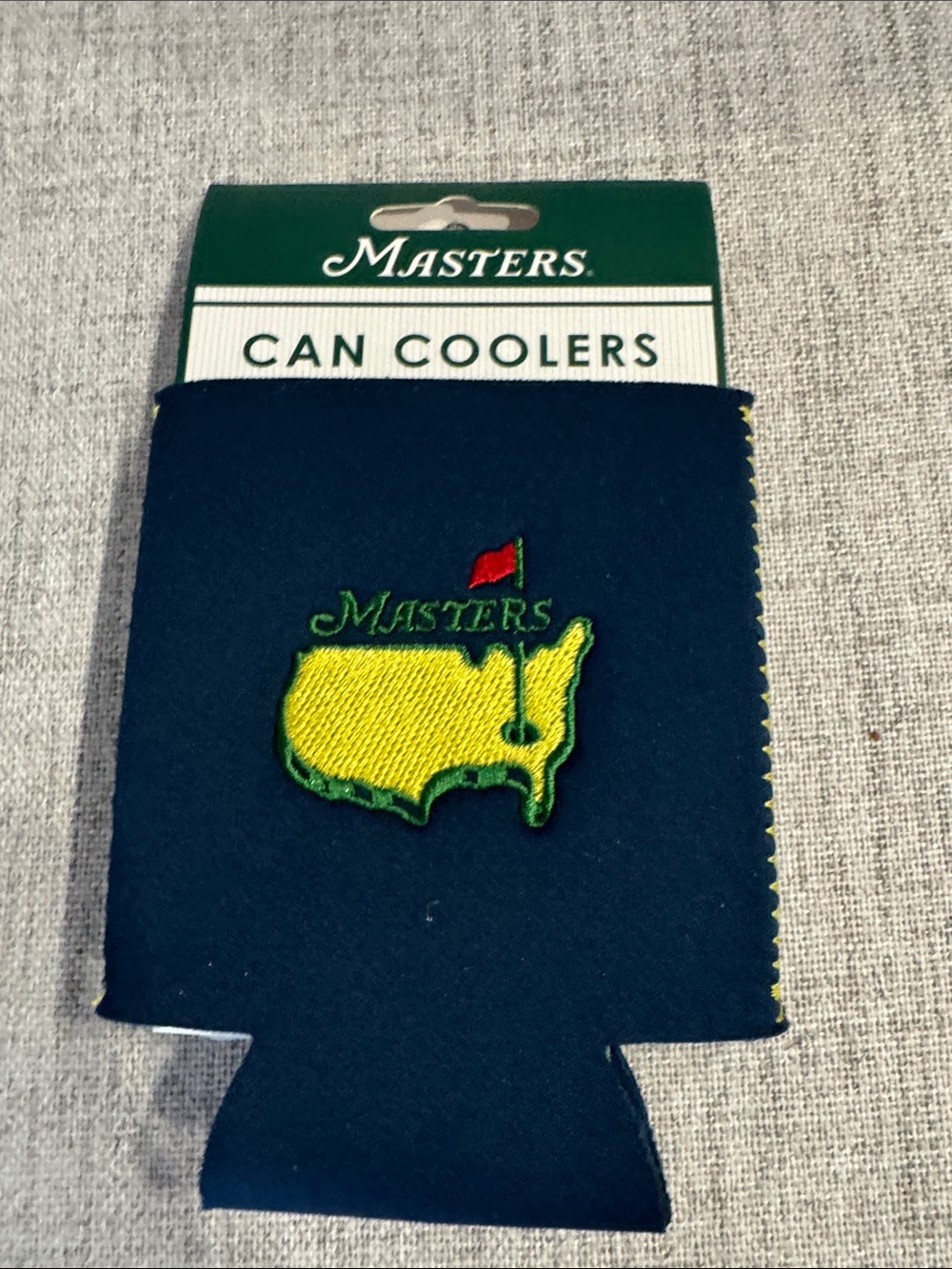 Masters Navy Can Cooler with Yellow & Red Logo
